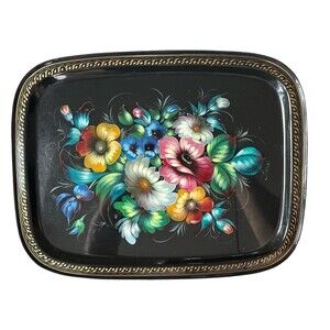RARE Vintage Zhostovo USSR Soviet Flower Metal Hand Painted Tray Signed 18 x 13"